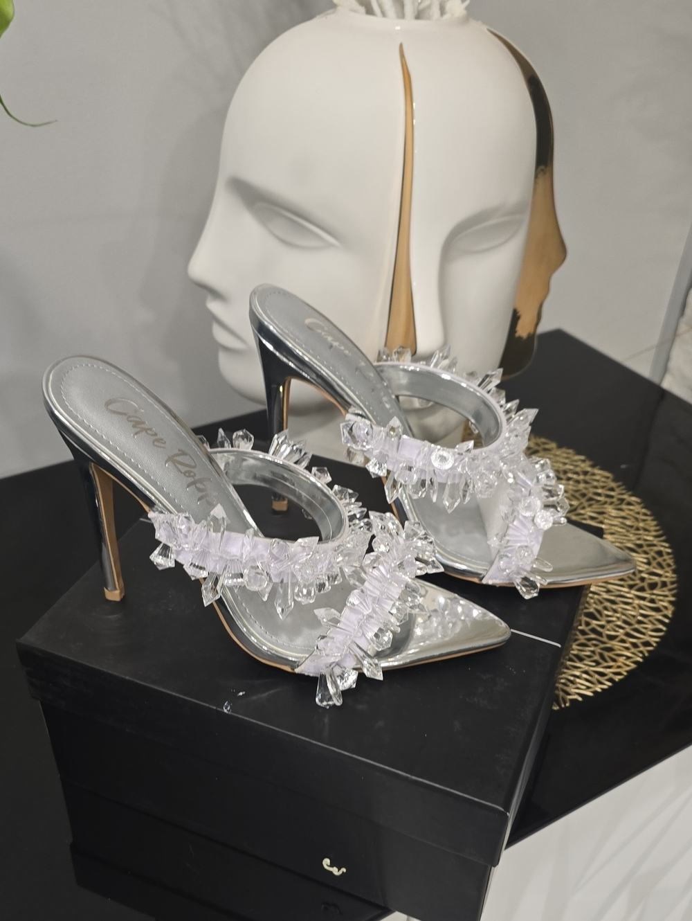 Cape Robbin Silver Crystal-Embellished Stiletto Mules